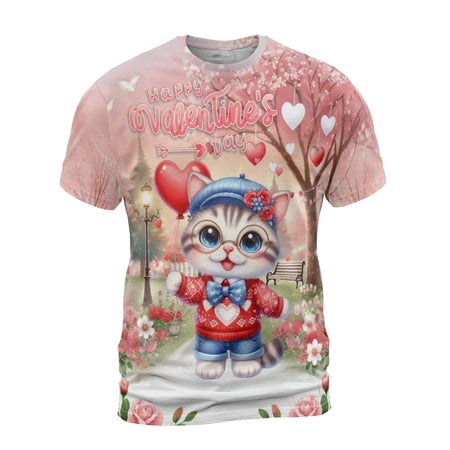 Happy Valentine’s Day Adorable American Shorthair Kitten Holding Heart Balloon All Over Print 3D Shirt Unisex Merch Cat Lover Kitten Owner Gifts - 00030