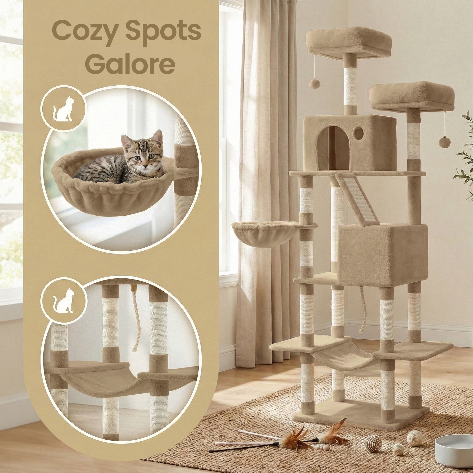 LEDREM 81.1-Inch Large Cat Tree Tower, Multi-Level Cat Condo with 13 Scratching Posts, 2 Perches, 2 Caves, Hammock & Basket, Camel Brown
