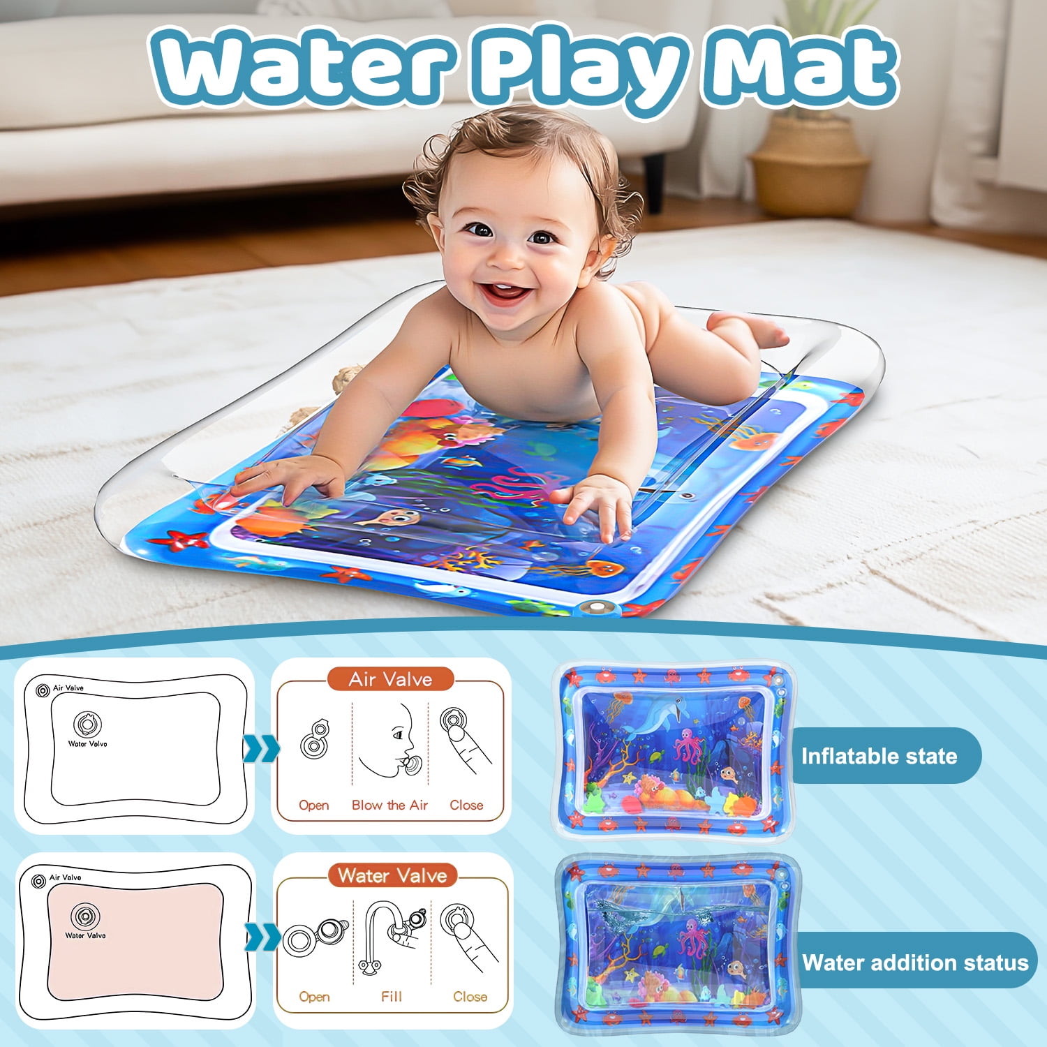 WonderStone Baby Gym Playmat for Infant,Tummy Time Water Mat with 5 Infant Sensory Baby Toys & Musical Piano Activity for 0-36 Months Boys Girls，Blue