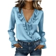 thumbnail image 4 of YueHuiYing Women's Dressy Casual Blouse Tops for Spring Puff Long Sleeve V-Neck Hollow-Out Lace Embroidered Shirts Light Blue XL, 4 of 9