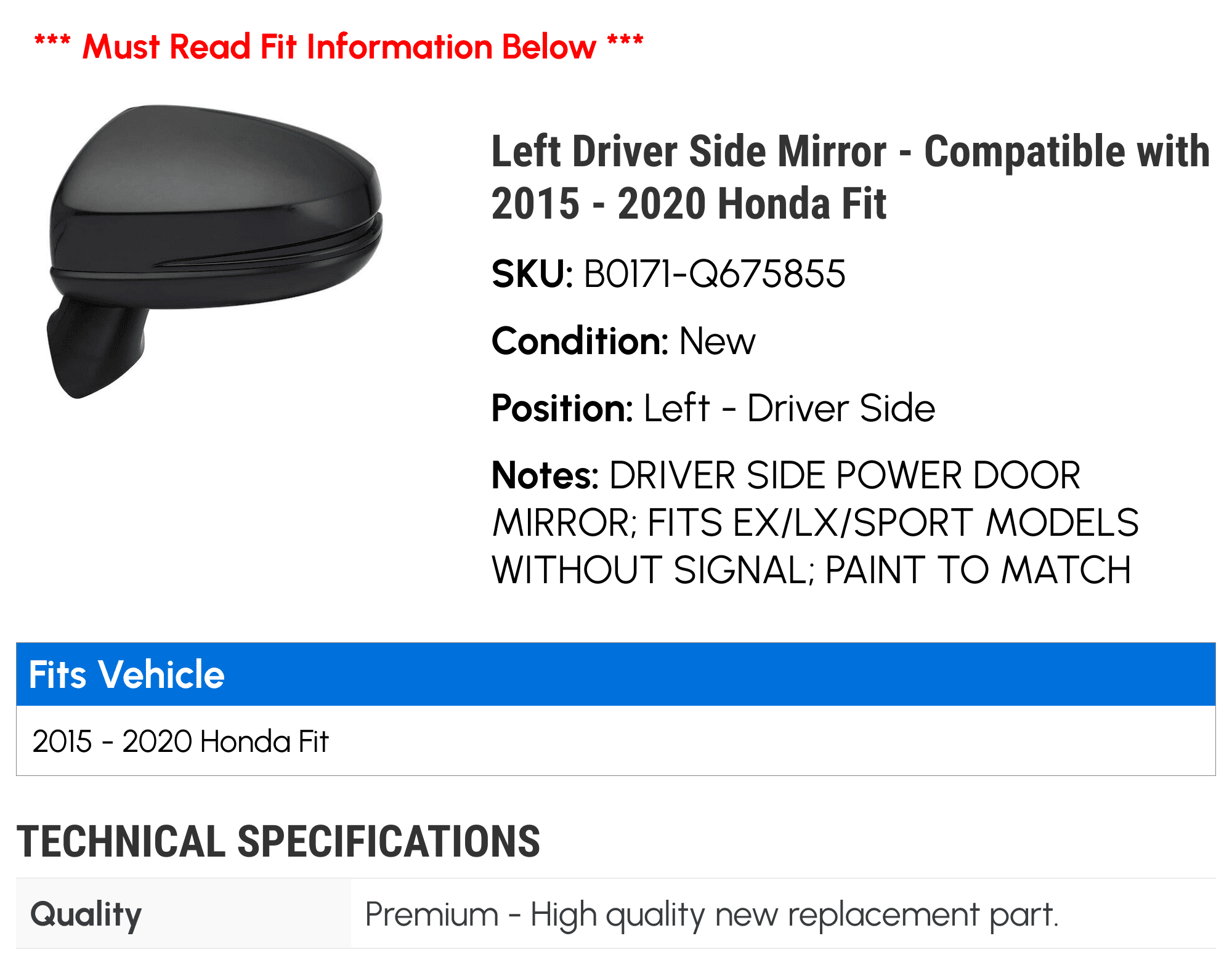 Dasbecan Driver Side Mirror Compatible With 2015-2020 Honda Fit Non - Foto 9