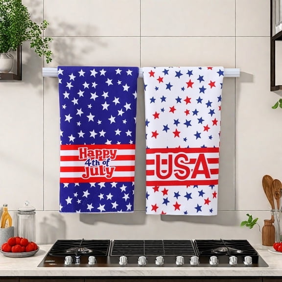 1 Pcs 4th of July Patriotic Kitchen Towels Memorial Day Hand Dishtowels Decorative Red White and Blue Flag Star USA Tea Towels for Kitchen Bathroom Independence Day Decor