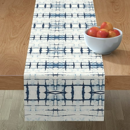

Cotton Sateen Table Runner 90 - Faded Indigo Shibori Blue Geometric Tie Dye Japanese Plaid Navy White Abstract Boho Print Custom Table Linens by Spoonflower