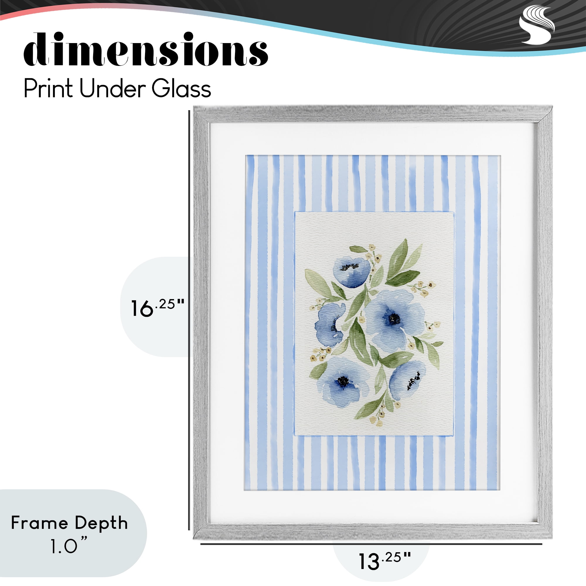 Stupell Industries Flowers With Stripe Border Gray Framed Print Under Glass, design by Leah Noel Art