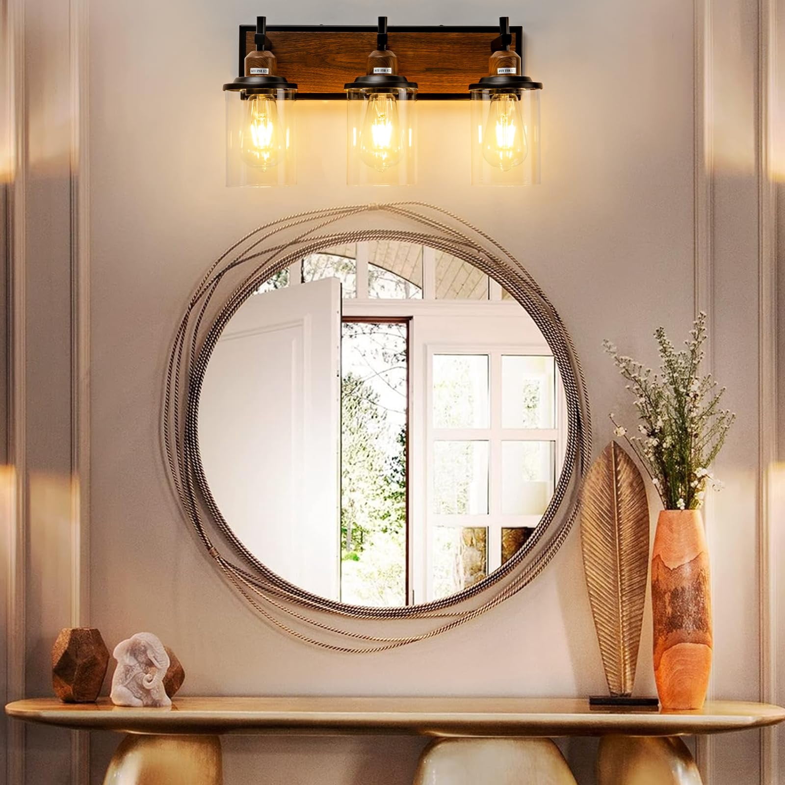 3-light Farmhouse Bathroom Light Fixtures Vintage Vanity Lights Over Mirror Black And Wood Painted Metal With Glass Shades E26 Socket