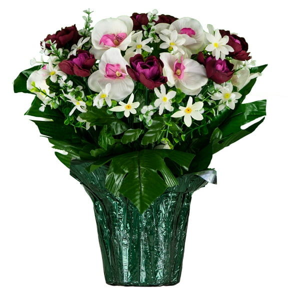 Sympathy Silks Artificial Flowers, Weighted Pot Decoration, Violet Cabbage Rose White Orchids Flower Pot