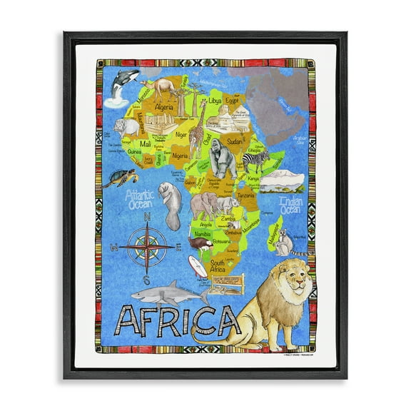 Stupell Industries African Animals Map Town & City Painting Black Floater Framed Art Print Wall Art, 17 x 21