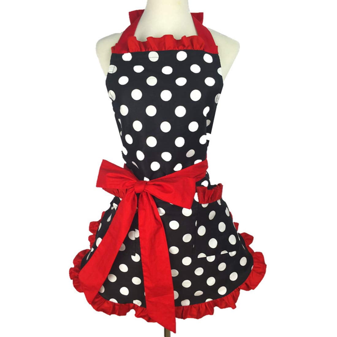 Hyzrz Cute Apron Retro Black Polka Dot Retro Ruffle Side Vintage Cooking Aprons With Pockets For 