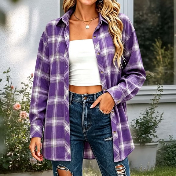 Bzdzmqm Womens Plaid Shacket Collared Long Sleeve Button Down Fall Winter Casual Open Front Loose Fit Tunic Tops for Business Work Office Wear, Purple XL