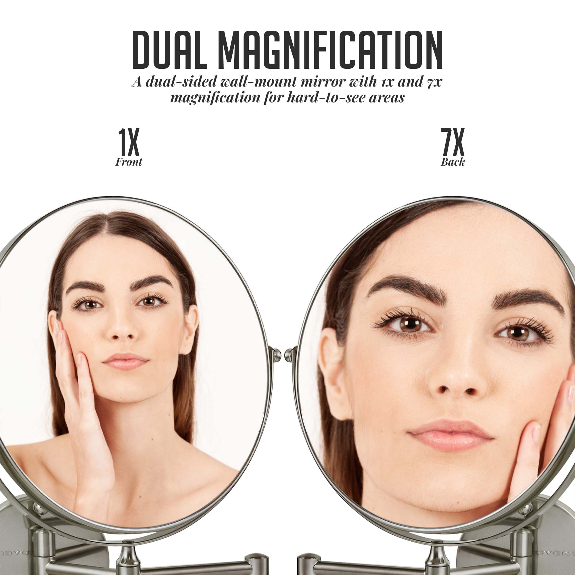 OVENTE 9" Wall Mounted Makeup Mirror with 1X/7X Magnification, Double Sided Magnifying Round Bathroom Vanity Mirror, 360° Swivel Design, Extendable and Folding Arm, Nickel Brushed MNLFW90BR1X7X