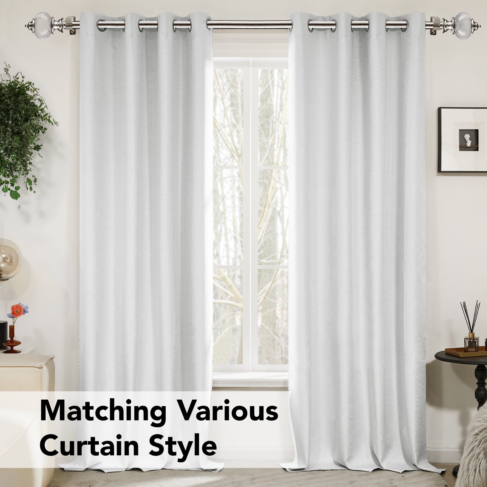 Deconovo Decorative Curtain Rod with Clear Acrylic Finial, Silver, 48-84 Inch, Stainless Steel Adjustable Window Treatment Rod