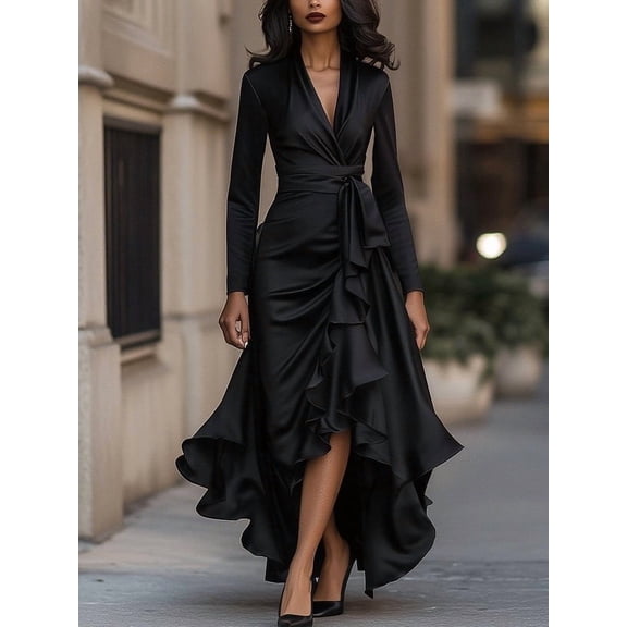 Women's Elegant Satin Wrap Maxi Dress V Neck Long Sleeve Ruffle Hem Cinched Waist Silky Formal Dress Ruched Detail Gown for Cocktail Holiday Prom Wedding Party Evening Events