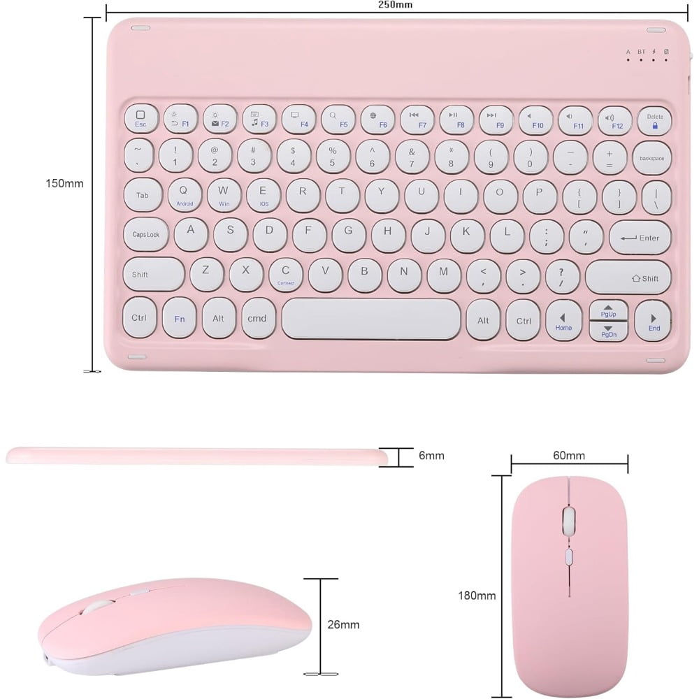Ultra Slim Retro Bluetooth Keyboard and Mouse Combo,Compact Rechargeable Wireless Keyboard and Mouse for iPad,iPad Mini,iPad Air iPad Pro,iPhone,Windows Android Tablet Smartphone(Pink)