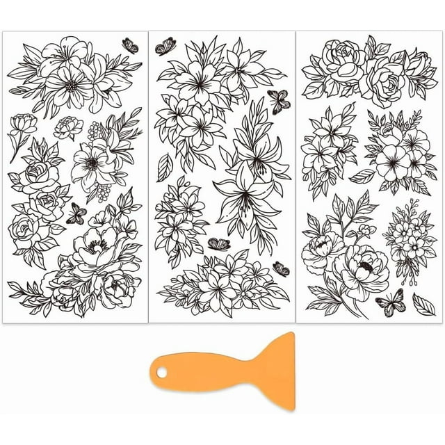 Juego de 3 pegatinas de flores para muebles y manualidades, 15 x 30 cm, color blanco y negro, con 1 raspador.
