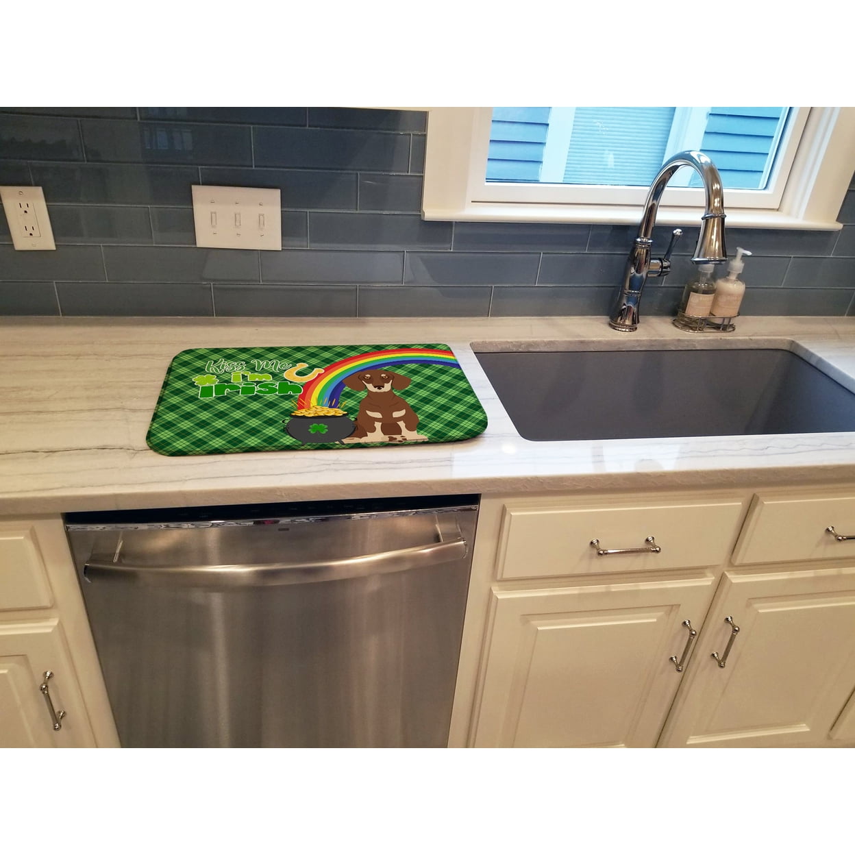 Chocolate and Cream Dachshund St. Patricks Day Dish Drying Mat