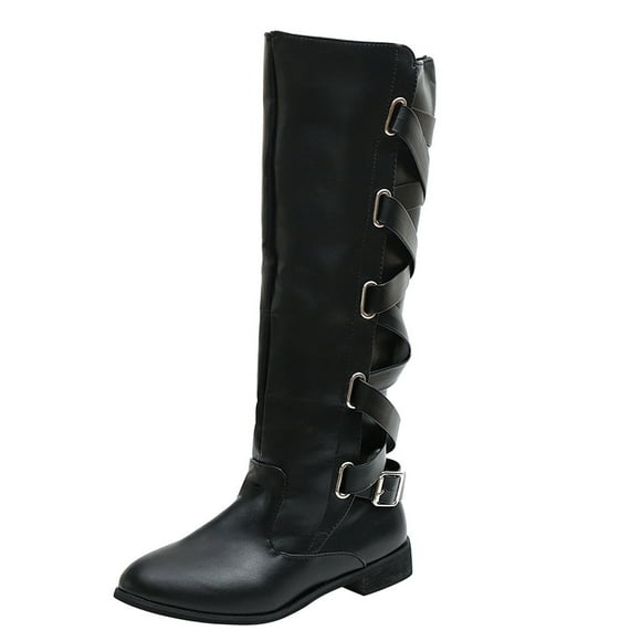 Jsaierl Knee High Boots For Womens Strappy Motorcycle Knee High Boots Winter Lace Up Riding Flat Low Heel Shoes