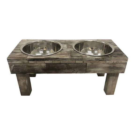 Huntley Pet Berjen Table Elevated Double Bowl Pet Feeder, Brown Wash (Large)