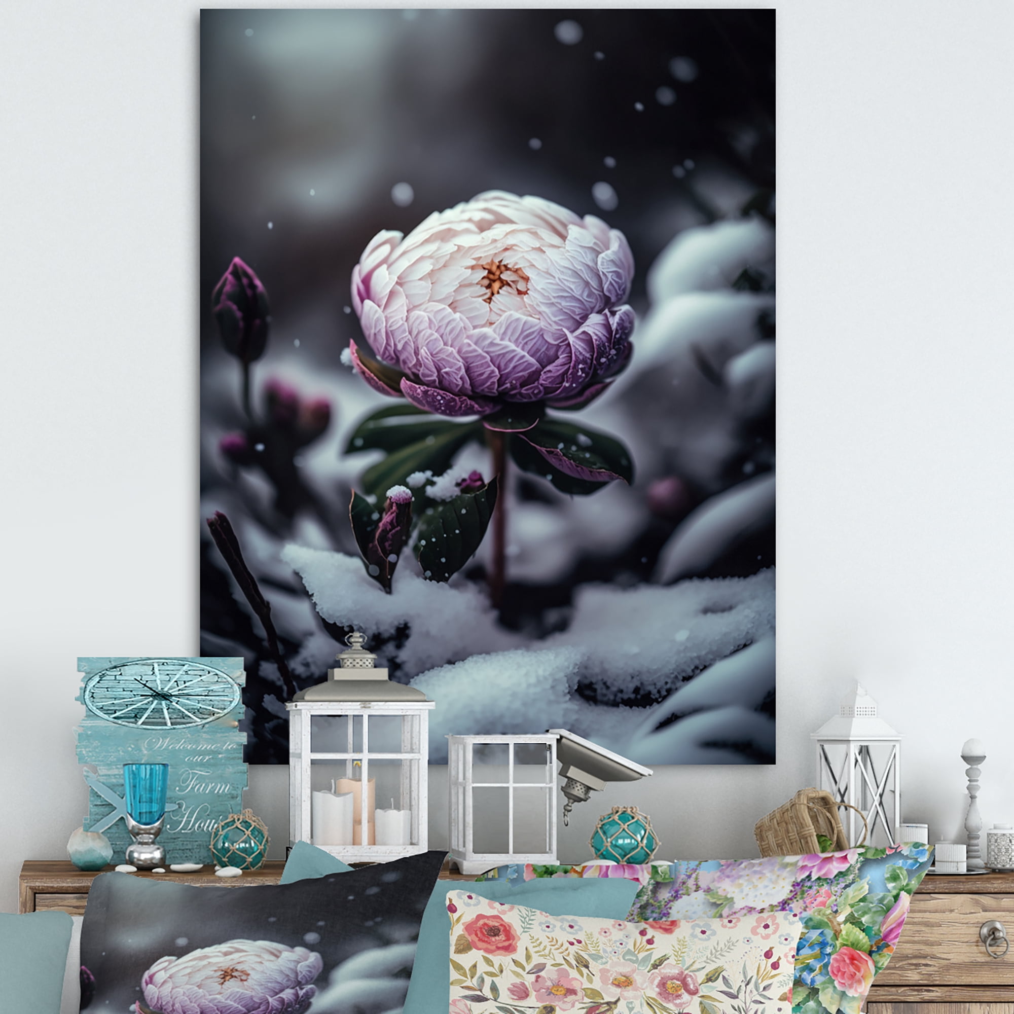 Designart A Blooming Puple Peony Flower In Winter II Canvas Wall Art