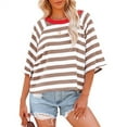 thumbnail image 2 of Ecqkame Cute Tops for Women 3/4 Sleeved Crew Neck Shirt Striped Knitted T-Shirt Oversize Pullover Sweatshirt Khaki S on Clearance, 2 of 6