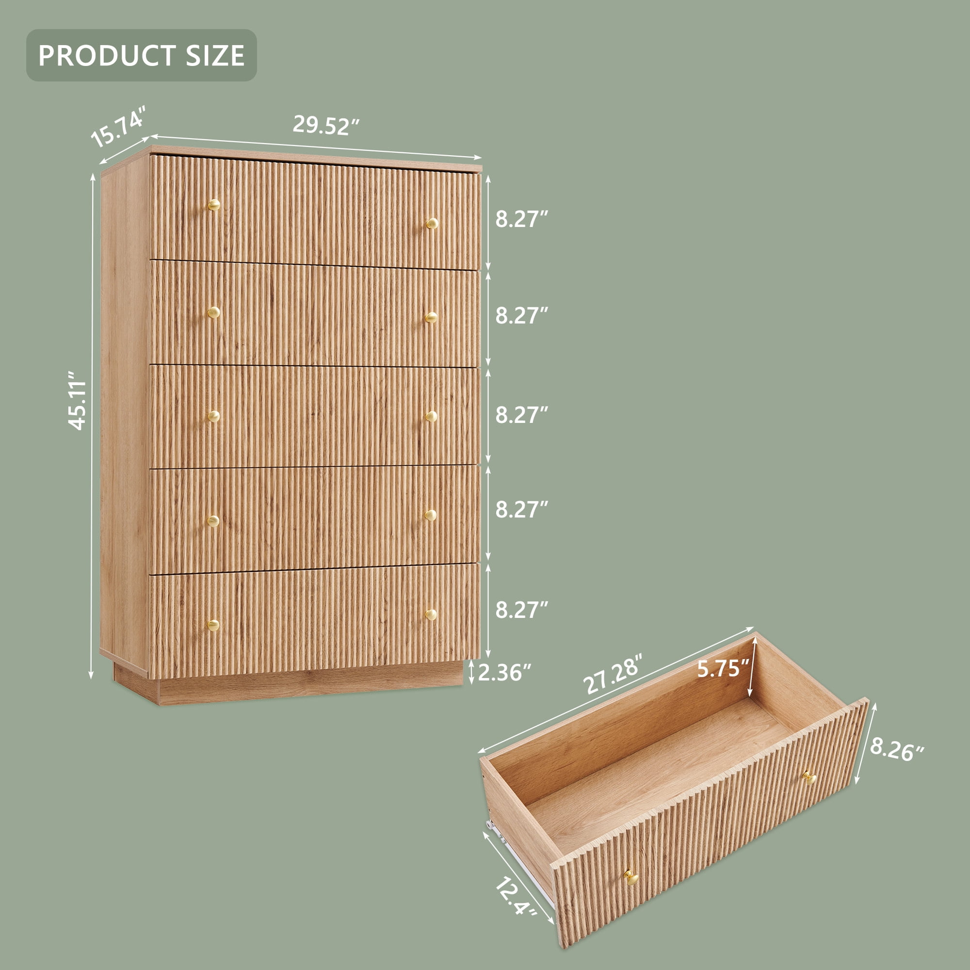 wow97e Fluted 5 Drawers Dresser, Wood Tall Chest of Drawers with Deep Storage, Modern Bedroom Chest for Closet Hallway, Entryway, Living Room