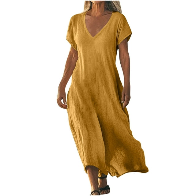 Yuyuzo Robes pour Femmes Robe Maxi à Col en V Fluide Robes d'Été Boho Tenue de Plage Longues Robes