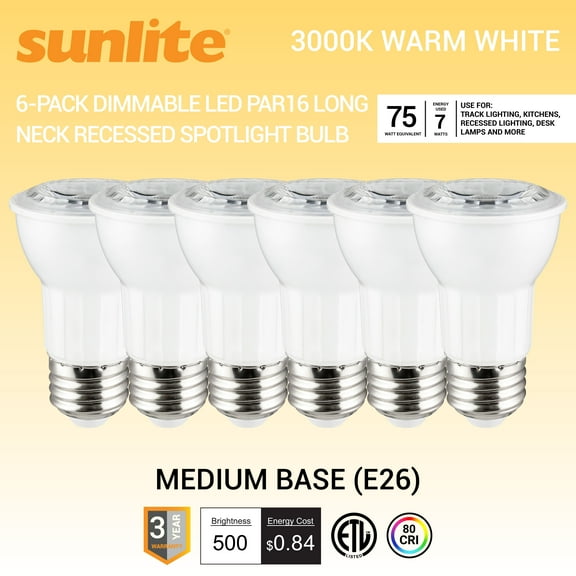 Sunlite LED PAR16 Long Neck Recessed Spotlight Bulb, 7 Watt (75W Halogen Replacement), Medium E26 Base, Dimmable, ETL Listed, 3000K Warm White, 6-Pack