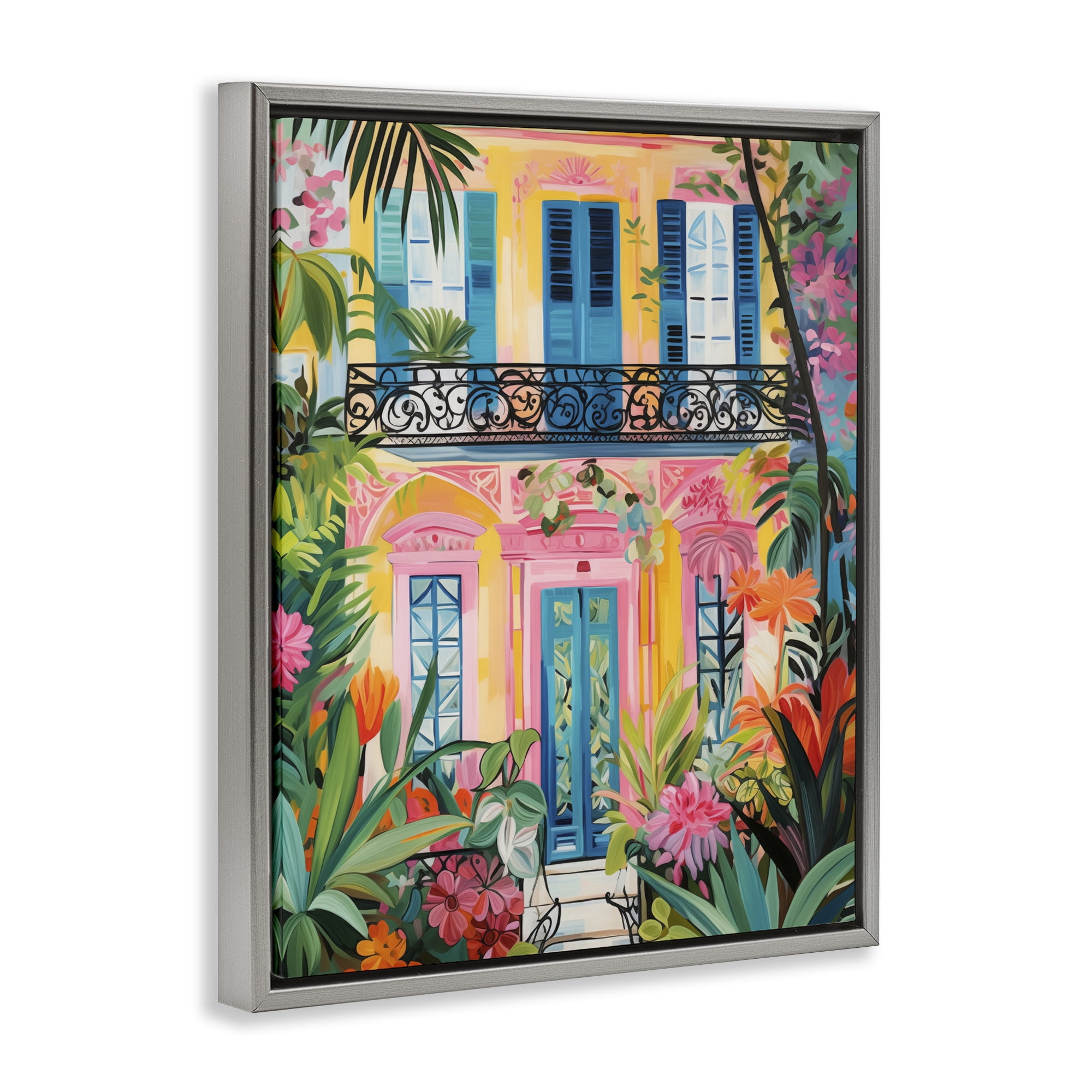 Stupell Industries Colorful Facade with Tropical Garden Gray Framed Floater Canvas Wall Art, design by LSR Design Studio