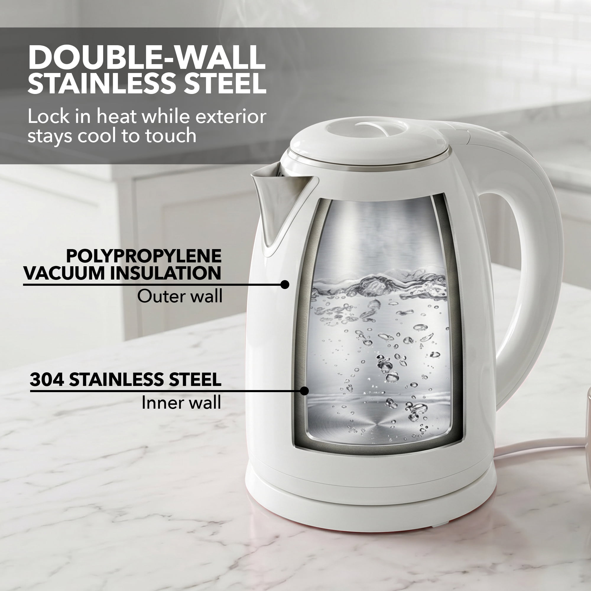 OVENTE 1.7L Double Wall Electric Tea Kettle, 1100W Water Boiler and Heater with Cool-Touch Exterior, Stainless Steel Insulated Interior, Auto Shut-Off, Boil-Dry Protection & Locking Lid, White KD64W