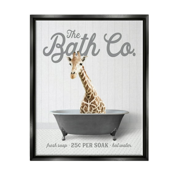 Stupell Industries Giraffe Bathroom Tub Animals & Insects Painting Black Floater Framed Art Print Wall Art, 17 x 21