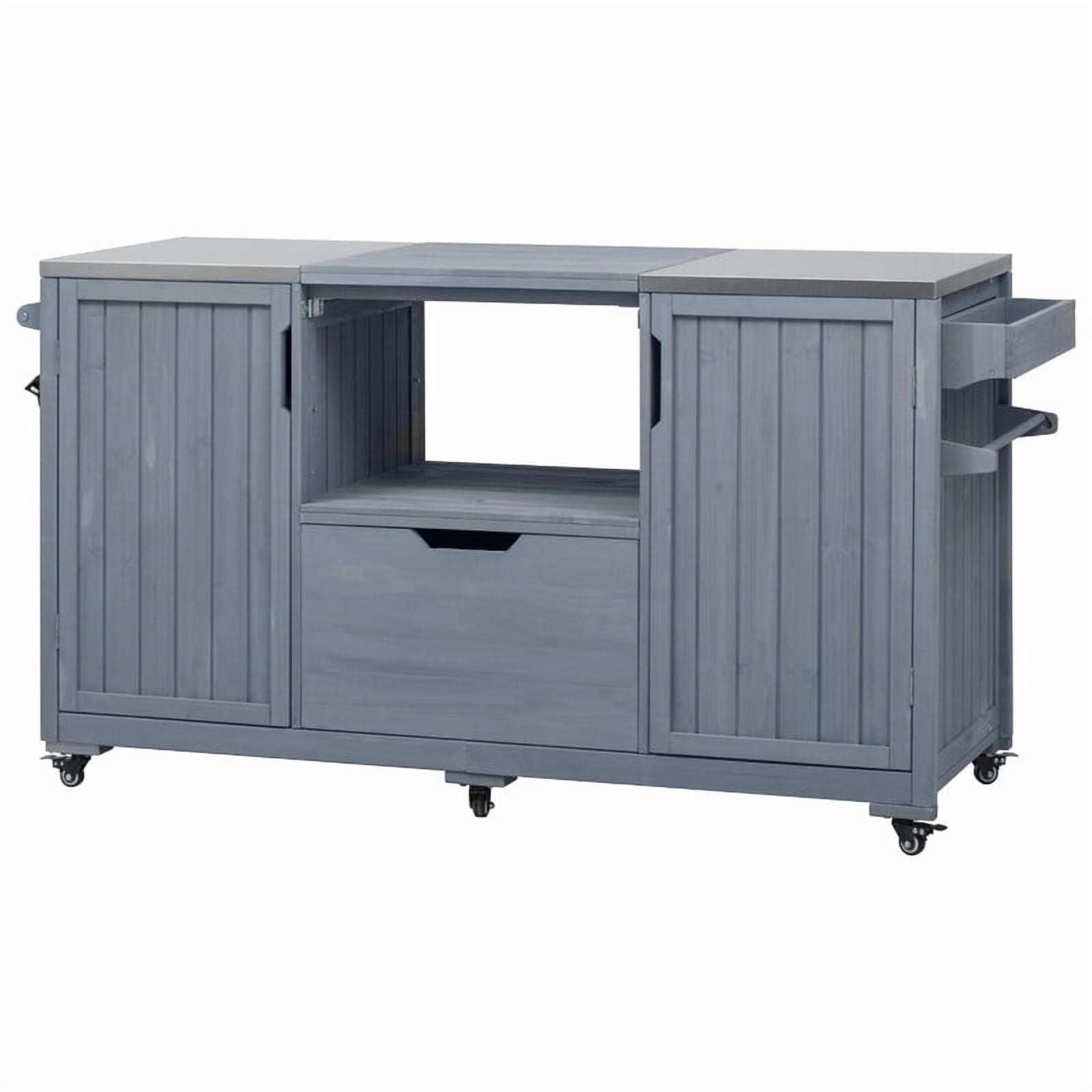 Outdoor Kitchen Island for Big Green Egg Grills, Wood Outdoor Grill Cart with Stainless Steel Top, Drawers and Storage Cabinet, 66.5''W