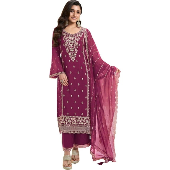 Indian Pakistani Shalwar Kameez Suits Eid Special Designer Palazzo with Dupatta Dresses ( Pink, XS - 36 )