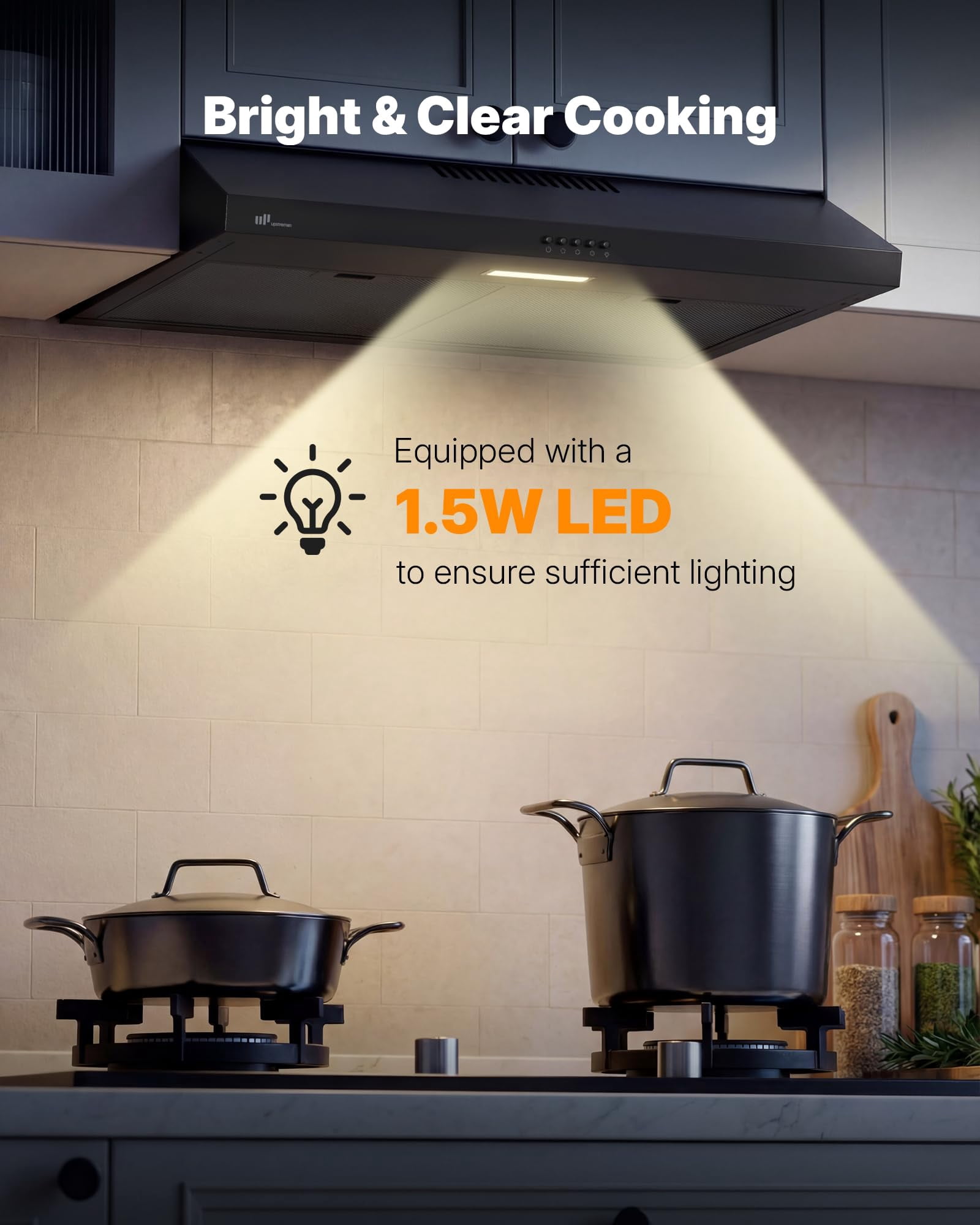 Upstreman 30 Inch Under Cabinet Range Hood with Ducted / Ductless Convertible, Slim Kitchen Oven Vent Hood Stainless Steel Stove Exhaust Fan with LED Lights, 3 Speed, Reusable Filter, HU30 Black