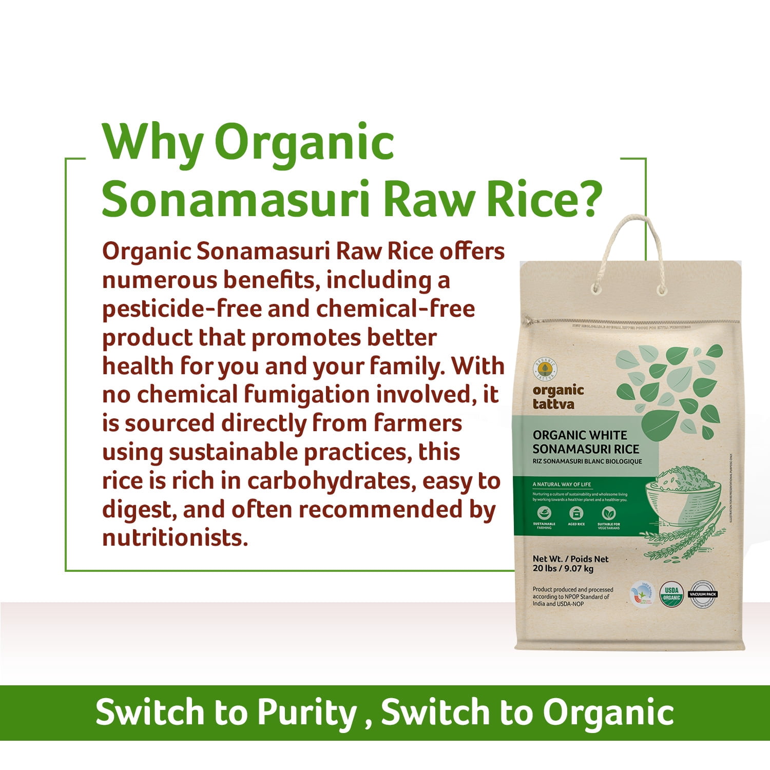 Organic Tattva White Medium Grain Rice 20LB, Lightweight & Naturally Aromatic Sonamasuri Rice, Vegan, Kosher, Non GMO, No Additives, Gluten Free, USDA Certified