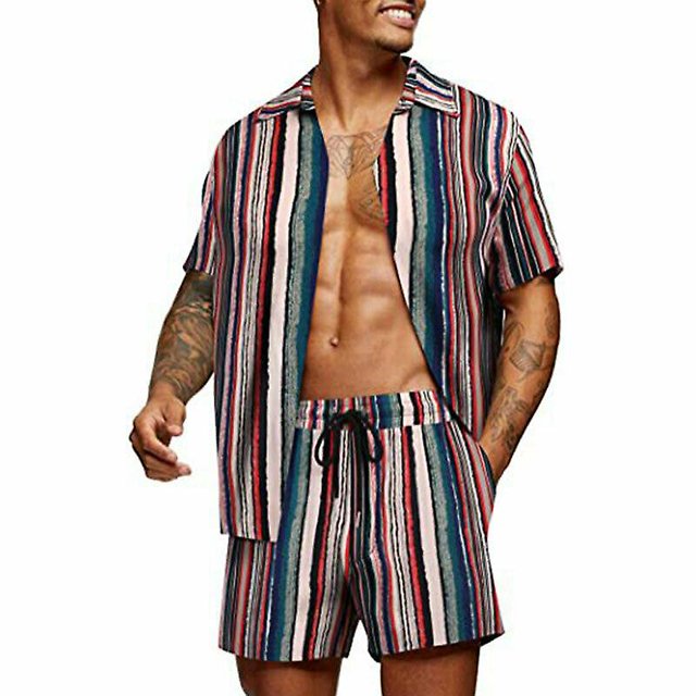 Button Down Shirt Mens Beach Short Sleeve Casual T Shirts Two Piece Hawaiian Set