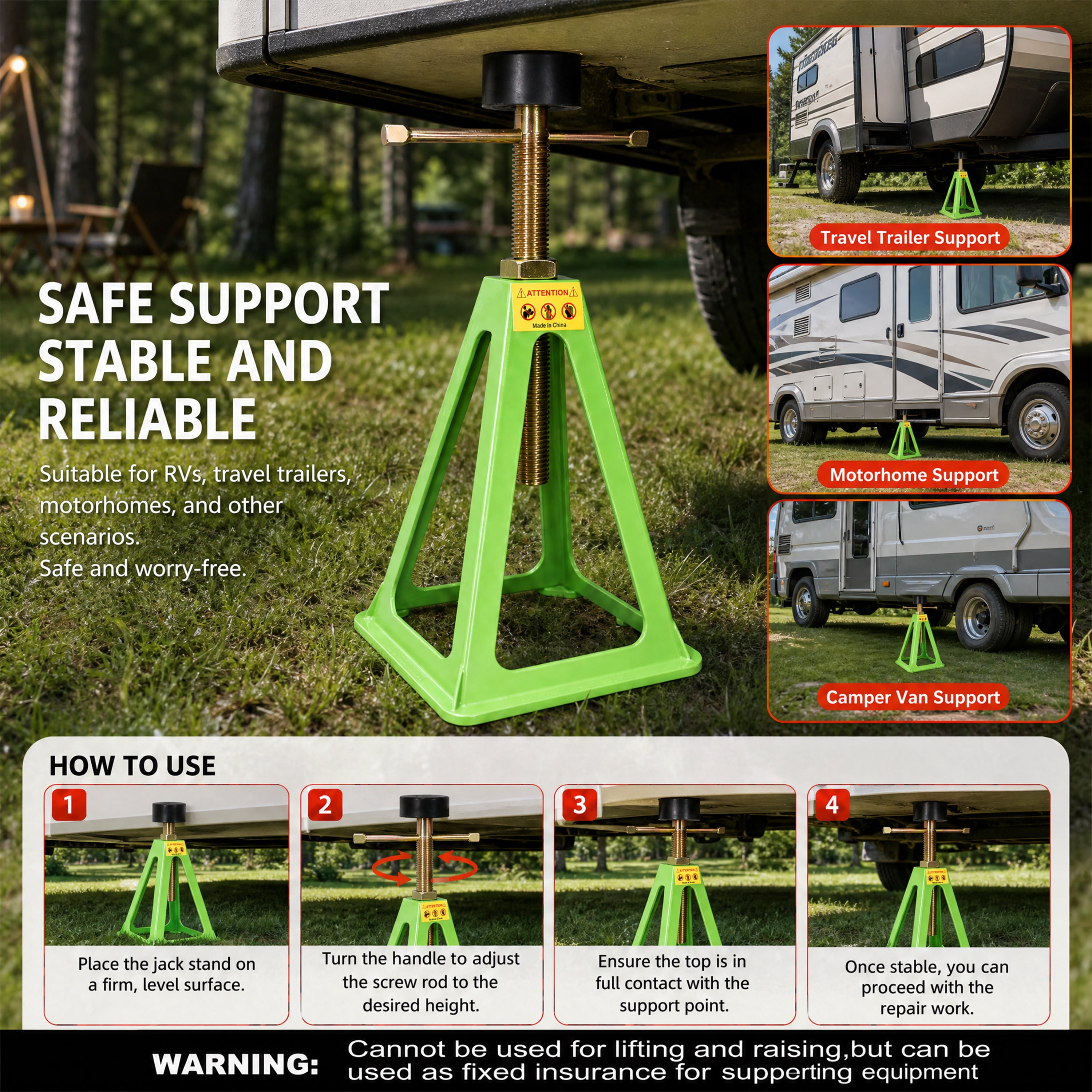 4-Pack RV Stabilizer Jacks, Adjustable Screw Jack Stands for Travel Trailer Camper, 3300 Lbs Each Load Capacity, 11"-17" Height Range, with Spare Nuts & Rubber Pads for RV Leveling & Sup