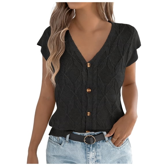 Htigea Sweater Tank Tops for Women V Neck Cap Sleeve Button Down Tanks Knitwear Summer Casual Loose Daily Vests Black S