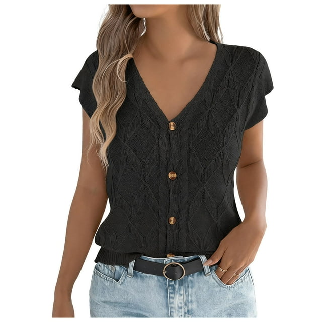 Wensltd Casual Tank Tops for Women Summer V Neck Solid Color Button Down Sleeveless Tops Classic Basic Style Soft Tops