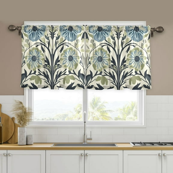 Yayeee Kitchen Curtains Tier Set of 2 Light Filtering 57"x24" Over Sink Window Panels, Blue Floral Pattern