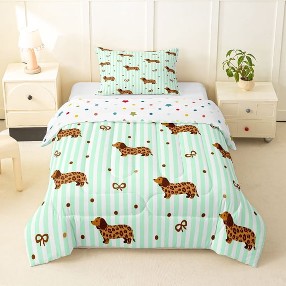 Homewish Dachshund Bow Twin Comforter Sets,Cute Animal Bedding Set,Green White Stripes Decor,Polkadot Reversible,2 Pieces,1 Comforter and 1 Pillowcase