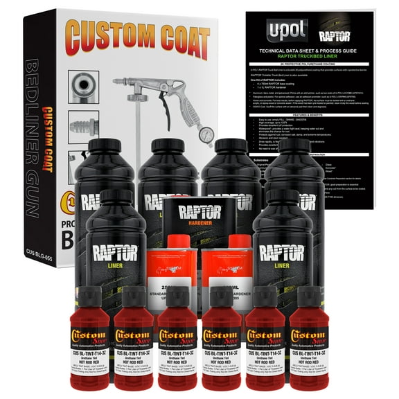 U-POL Raptor Hot Rod Red Urethane Spray-On Truck Bed Liner Kit w/ FREE Custom Coat Spray Gun with Regulator, 6 Liters