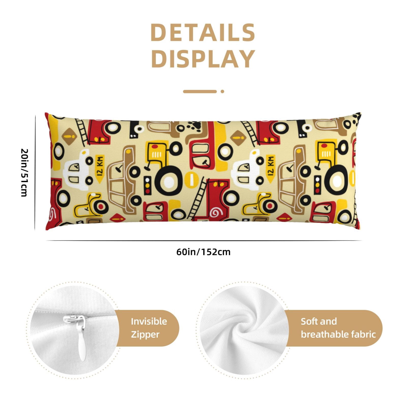 Naloa Vehicles Super Soft 20x60 Body Pillow Case,Long Side Hidden Zipper（PILLOWS ARE NOT INCLUDED）