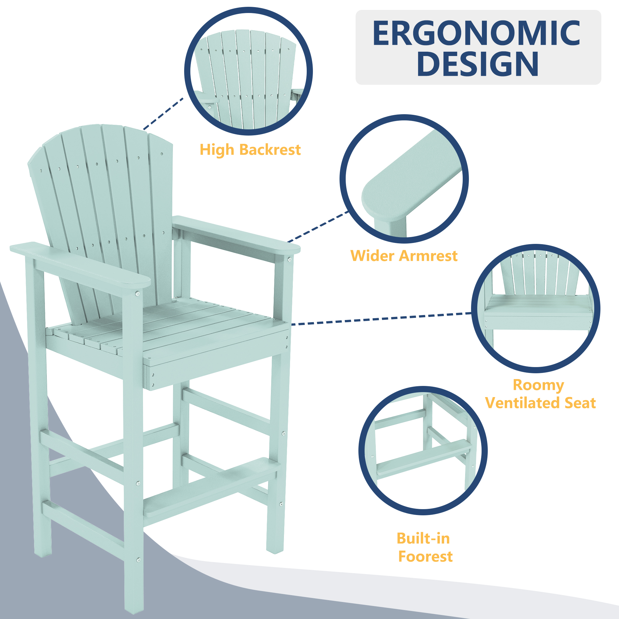 Tall Adirondack Chair Set of 2, HDPE Balcony Chair with Double Connecting Tray, Outdoor Weather Resistant Adirondack Chair, Aruba Blue