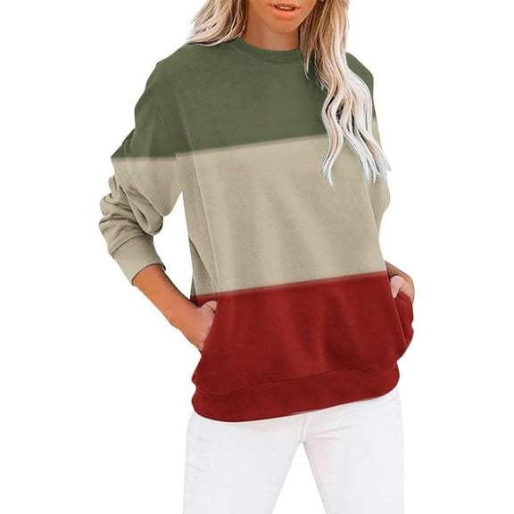 Frostluinai Women's Sweatshirts Color Block Pullover Crew Neck Long Sleeve Soft Sweat Shirts Lightweight Fall Sweatshirts with Pocket