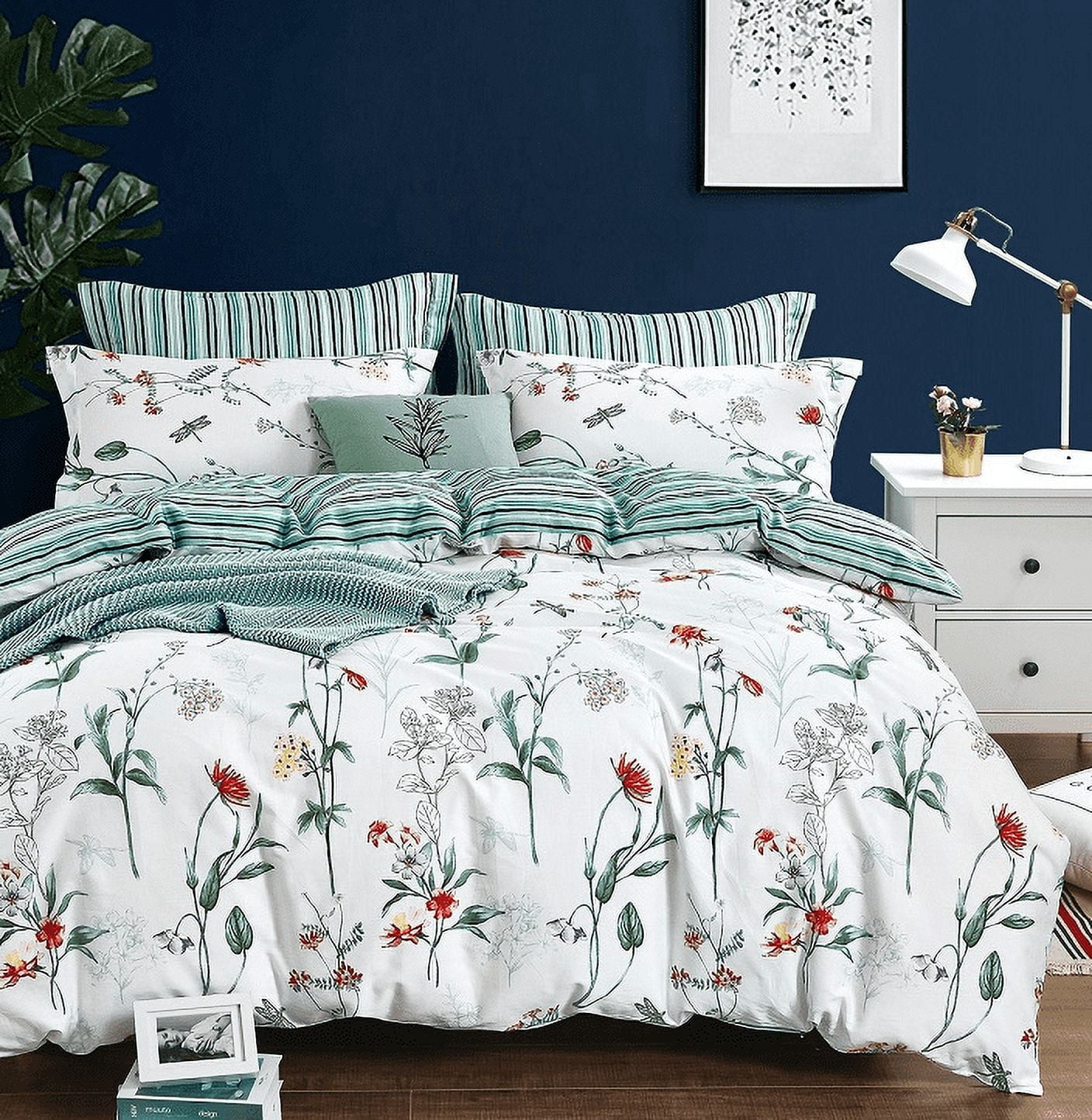 Swanson Beddings Floral and Green Stripes Reversible 3-Piece 100% Cotton Bedding Set: Duvet Cover and Two Pillow Shams Queen (No comforter included)