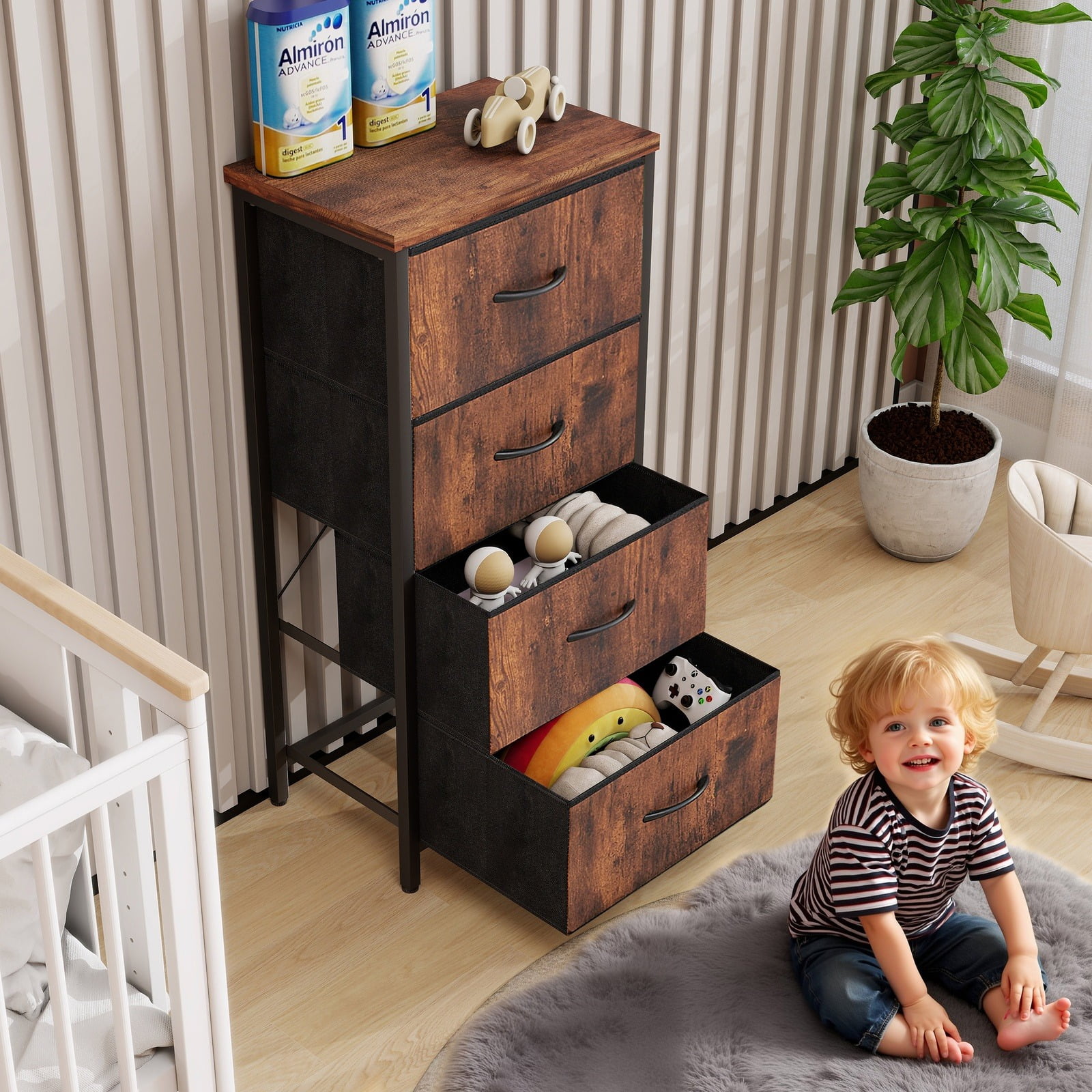 Nextay 4-Drawer Fabric Dresser for Bedroom, Storage Dresser Closet with Steel Frame & Wooden Top for Living Room, Dressing Room, Brown
