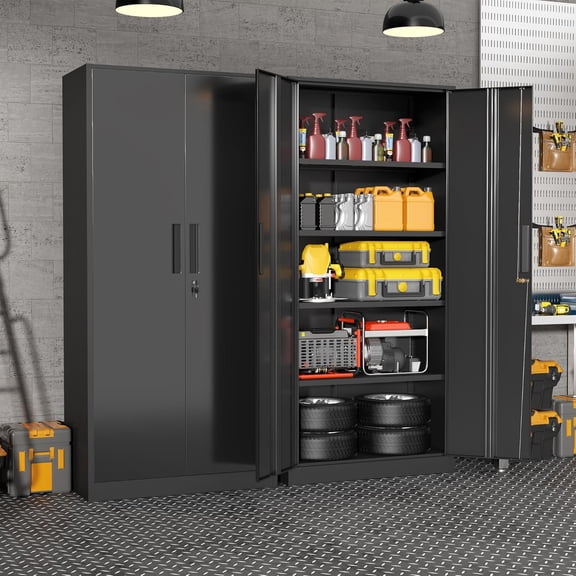 SOLAURA 71 In Metal Storage Cabinets with Locking Doors and Adjustable Shelves, Steel Storage Cabinet for Garage, Office, Classroom, Assemble Required(Black)