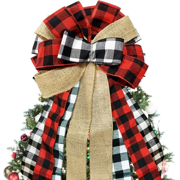 Christmas Tree Topper Bow, Red Buffalo Plaid Tree Toppers Christmas Decorations, Large Bows Xmas Tree Ornaments for Home Farmhouse Decor