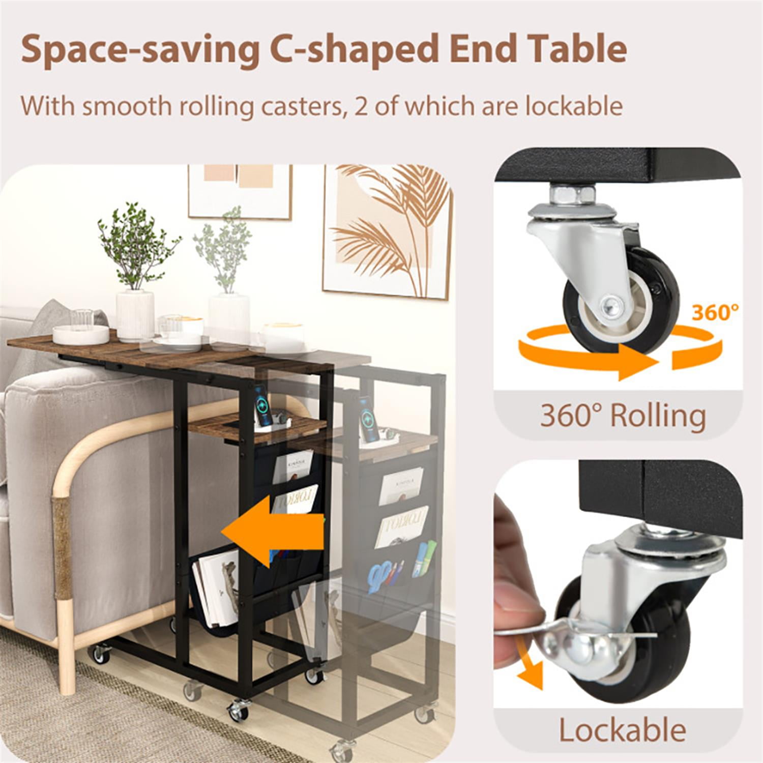 Demi Bonn C-Shaped Sofa Side Table, End Table with Charging Station and Retractable Tabletop for Small Spaces, Living Room, Bedroom, Brown