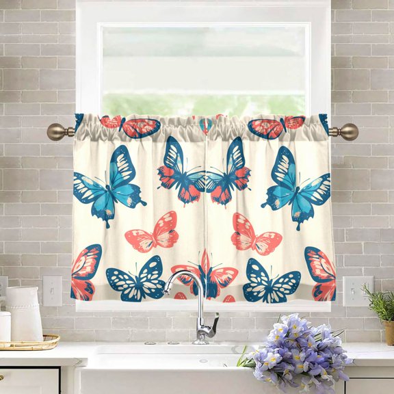 Yayeee Kitchen Curtains Light Filtering 27"x36" Rod Pocket Short Cafe Window Panel, Green Butterflies