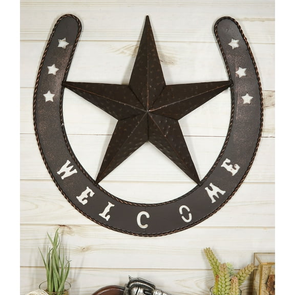 19"H Rustic Western Lucky Horseshoe and Lone Star Welcome Sign Wall Sign Plaque